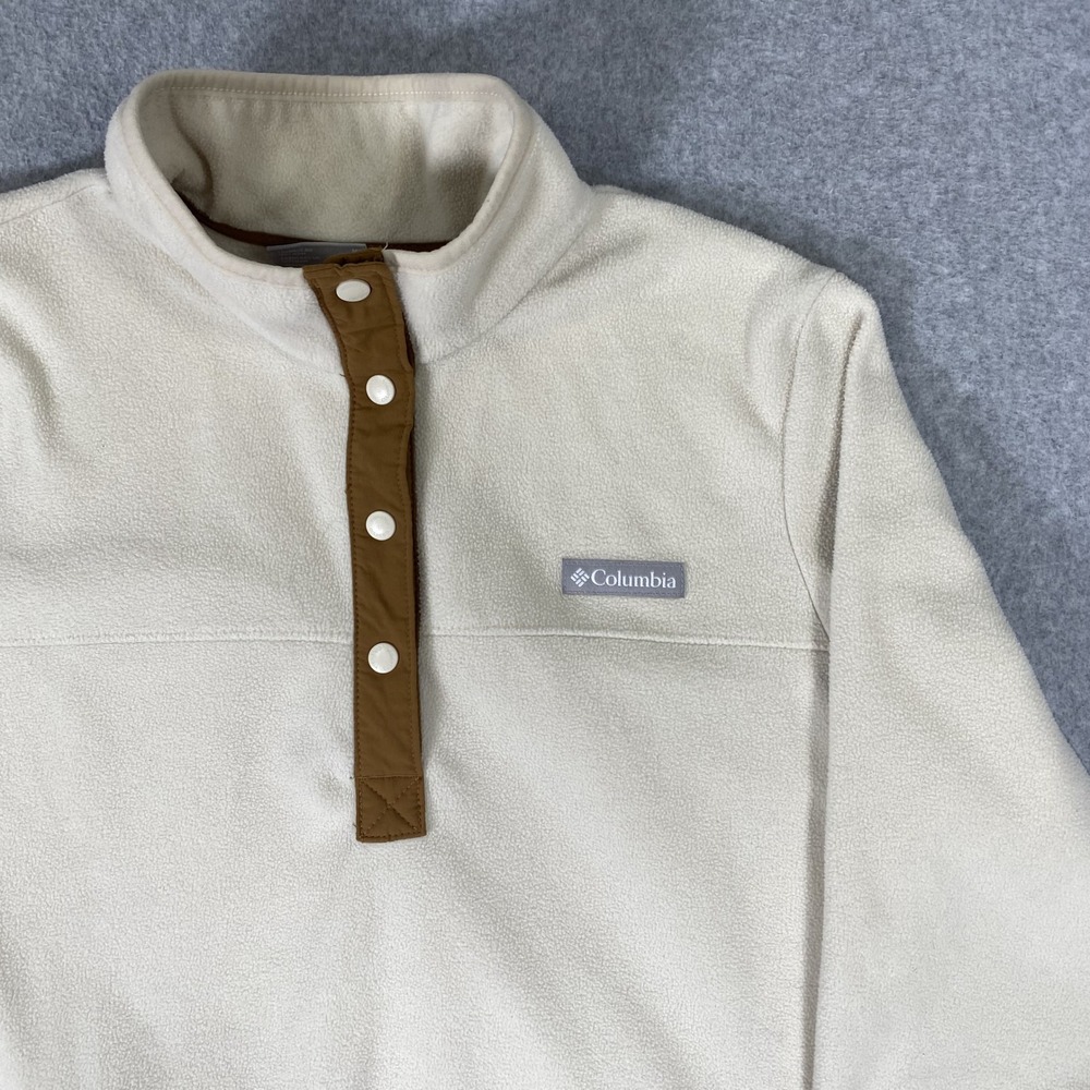 Columbia Fleece Pullover Womens Medium Cream Brown Snap Neck - Picture 3 of 16